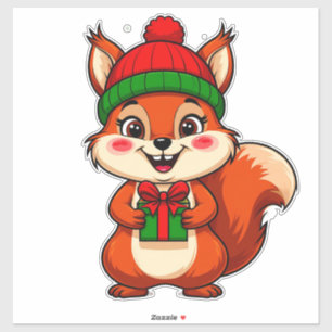 Cute Cartoon Squirrel in Holiday Hat Sticker