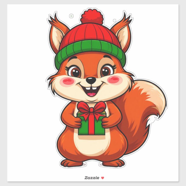 Cute Cartoon Squirrel in Holiday Hat Sticker (Sheet)