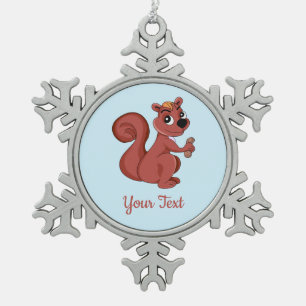 Cute cartoon squirrel with a peanut snowflake pew snowflake pewter christmas ornament