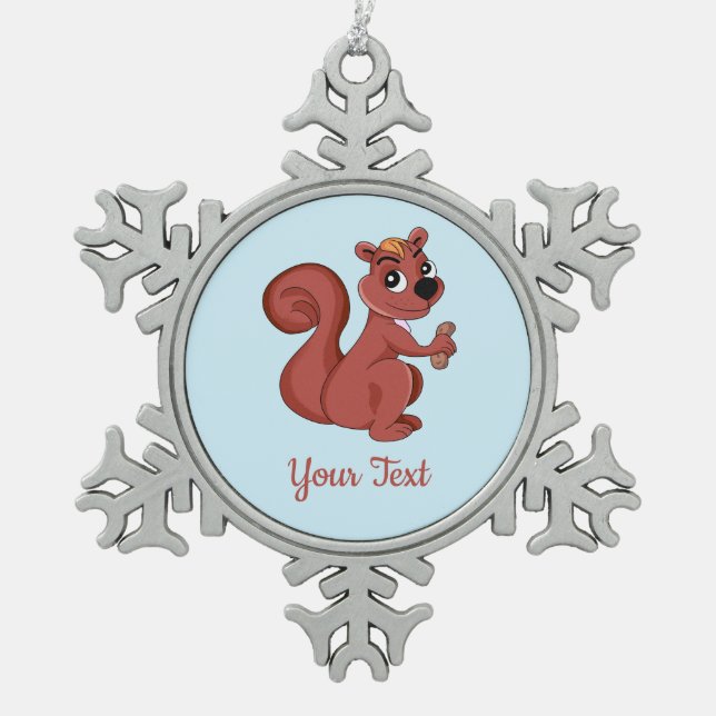 Cute cartoon squirrel with a peanut  snowflake pew snowflake pewter christmas ornament (Front)