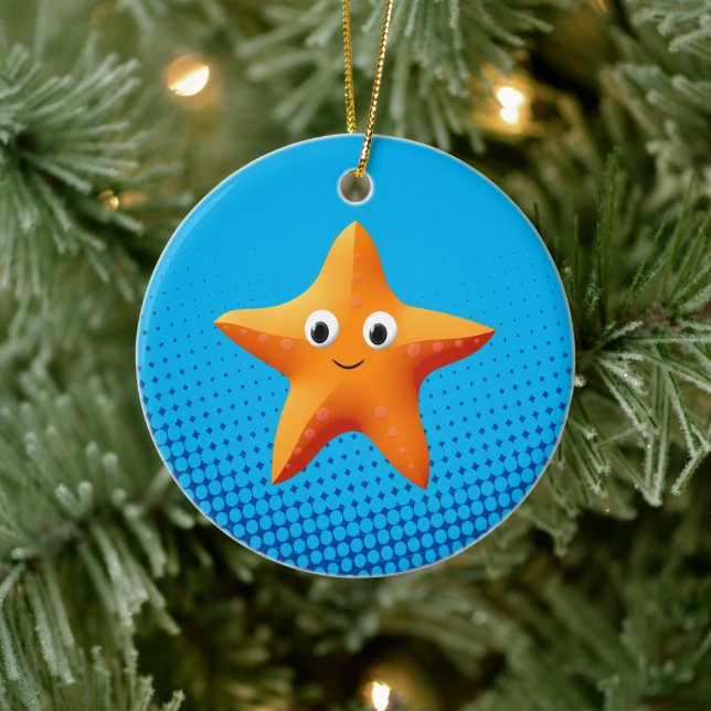 Cute Cartoon Starfish Blue Ocean Ceramic Ornament (Tree)