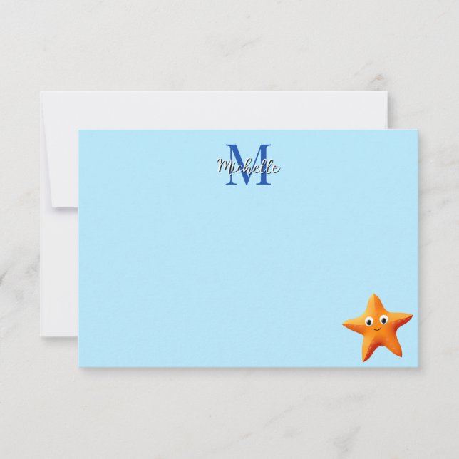 Cute Cartoon Starfish Blue Ocean Custom Monogram Note Card (Front)