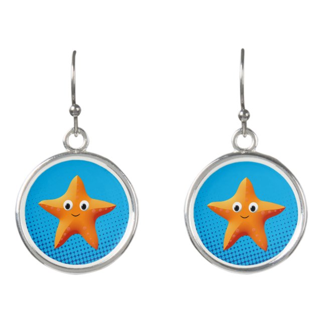 Cute Cartoon Starfish Blue Ocean Earrings (Front)
