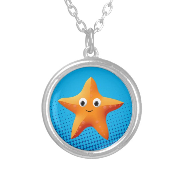 Cute Cartoon Starfish Blue Ocean Silver Plated Necklace (Front)