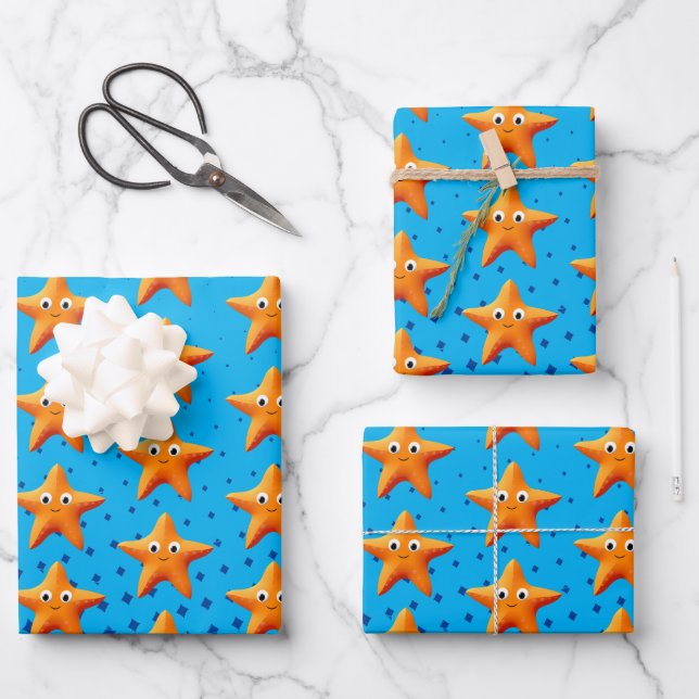 Cute Cartoon Starfish Blue Ocean Wrapping Paper Sheets (Front)