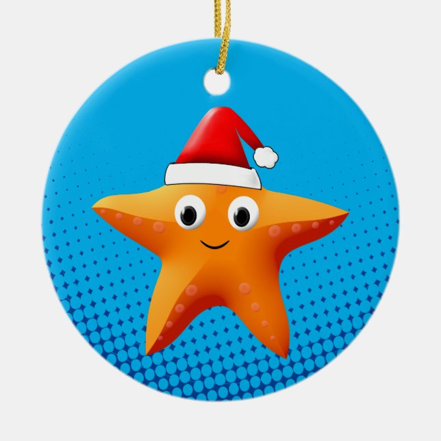 Cute Cartoon Starfish Santa Hat Ceramic Ornament (Front)