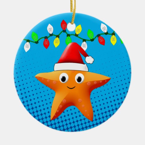 Cute Cartoon Starfish Santa Hat Christmas Lights Ceramic Ornament