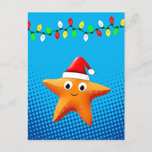 Cute Cartoon Starfish Santa Hat Christmas Lights Postcard