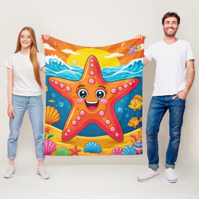 Cute Cartoon Starfish Smiling Underwater Fleece Blanket (In Situ)