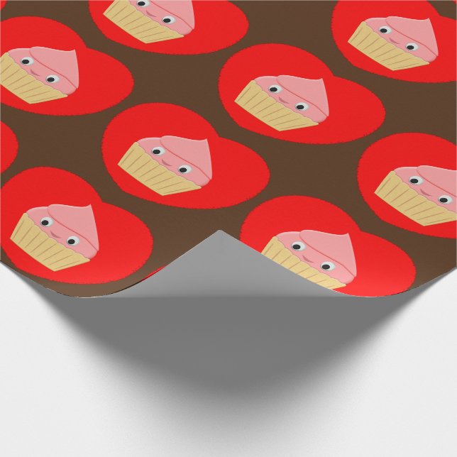 Cute Cartoon Strawberry Cupcake Heart On Brown  Wrapping Paper (Corner)