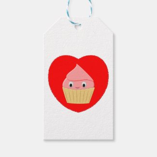 Cute Cartoon Strawberry Cupcake In Red Heart Gift Tags