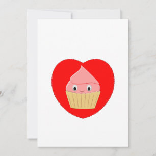 Cute Cartoon Strawberry Cupcake In Red Heart Invitation