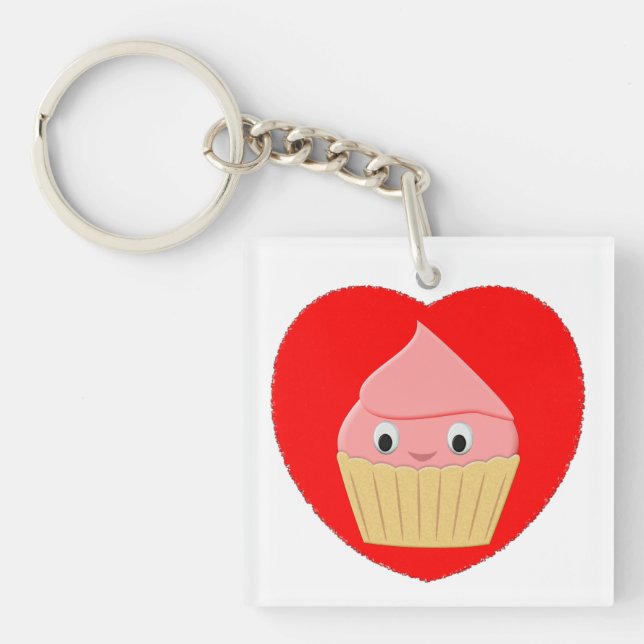 Cute Cartoon Strawberry Cupcake In Red Heart Keych Keychain (Front)