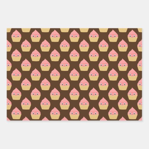 Cute Cartoon Strawberry Cupcake On Brown Wrapping Paper Sheets