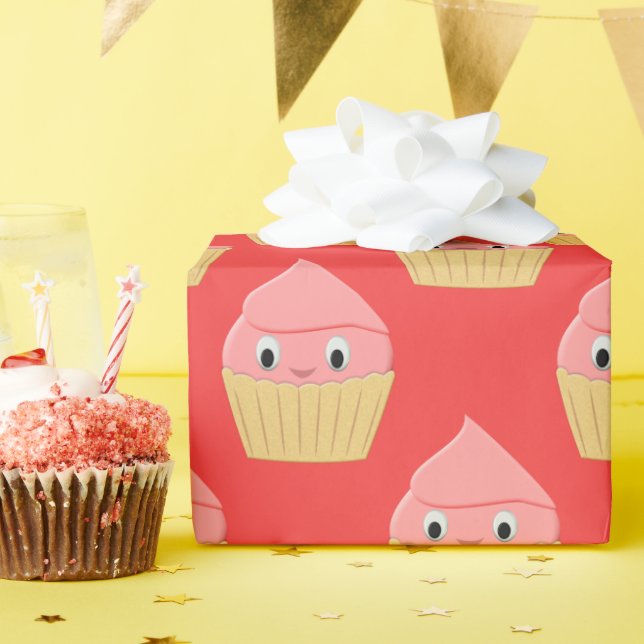 Cute Cartoon Strawberry Cupcake On Red Wrapping Paper (Birthday Party)