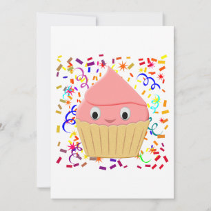Cute Cartoon Strawberry Cupcake With Confetti Invitation