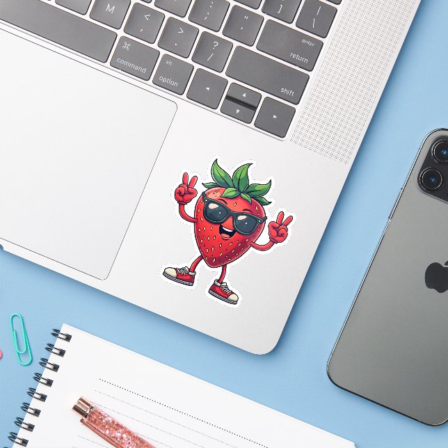 Cute Cartoon Strawberry Fun Strawberry with Sungla Sticker (Laptop w/ iPhone)