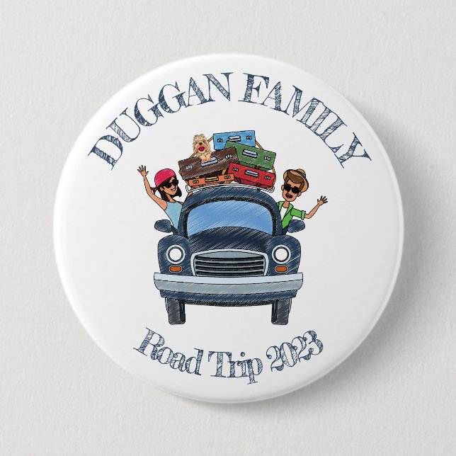 Cute Cartoon Style Family Road Trip Custom Text Button (Front)