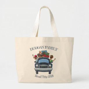 Cute Cartoon Style Family Road Trip Custom Text Large Tote Bag