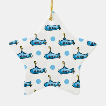 Cute Cartoon Submarine  Baby Blue Polka Dots Ceramic Ornament by Birthday_Party_House at Zazzle
