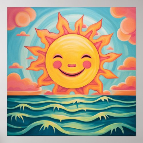 Cute Cartoon Sun Sunshine Ocean Poster