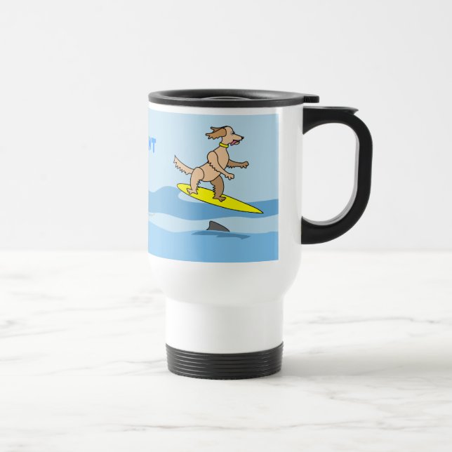 Cute Cartoon Surfing Dog and Waves Personalized Travel Mug (Right)