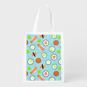 Cute Cartoon Sushi Pattern Blue Reusable Grocery Bag