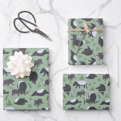 Cute Cartoon Tapirs and Babies Pattern Mint Green Wrapping Paper Sheets