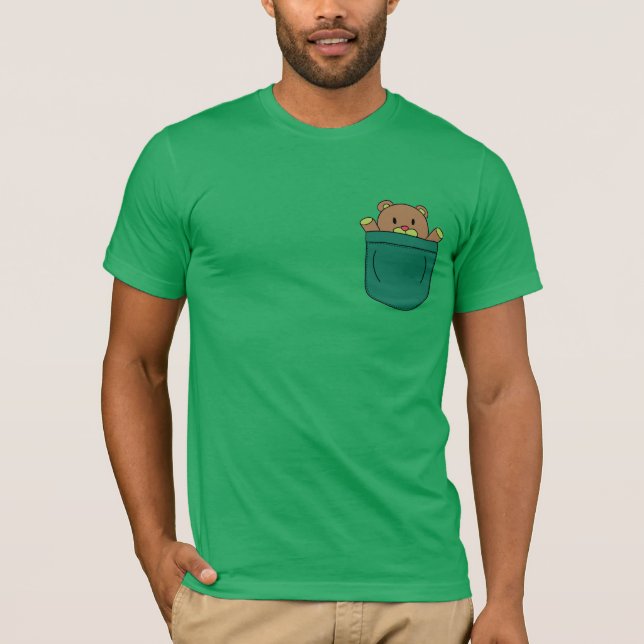 Cute Cartoon Teddy Bear in Pocket T-Shirt (Front)