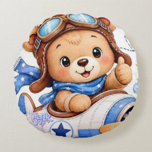 Cute Cartoon Teddy Bear Pilot Flying Airplane Wate Round Pillow
