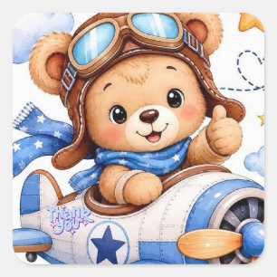 Cute Cartoon Teddy Bear Pilot Flying Airplane Wate Square Sticker