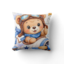 Cute Cartoon Teddy Bear Pilot Flying Airplane Wate