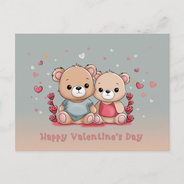 Cute Cartoon Teddy Lovers Heart Valentine’s Day Postcard (Front)