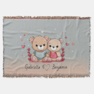 Cute Cartoon Teddy Lovers Heart Valentine’s Day Throw Blanket