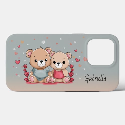 Cute Cartoon Teddy Lovers Hearts Valentines Day iPhone 13 Pro Case