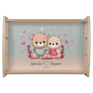 Cute Cartoon Teddy Lovers Hearts Valentine’s Day Serving Tray
