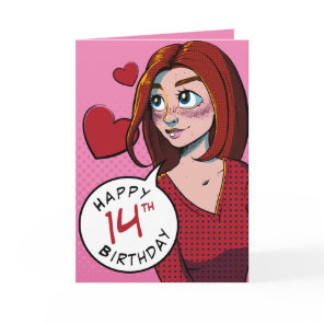 Cute Cartoon Teen Girl Pink 14th Birthday Card