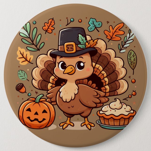 Cute Cartoon Thanksgiving turkey and pumpkin Button (Front)