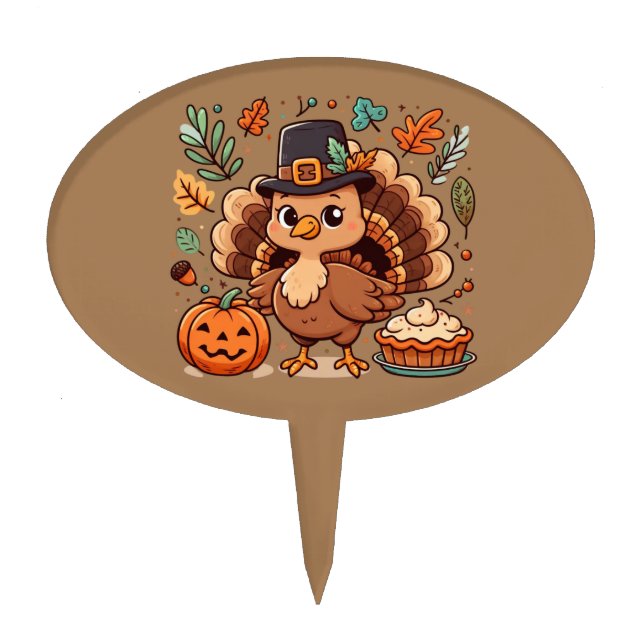Cute Cartoon Thanksgiving turkey and pumpkin Cake Topper (Front)