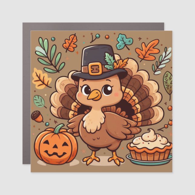 Cute Cartoon Thanksgiving turkey and pumpkin Car Magnet (Front)