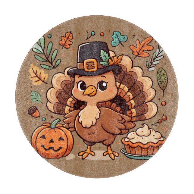 Cute Cartoon Thanksgiving turkey and pumpkin Cutting Board (Front)