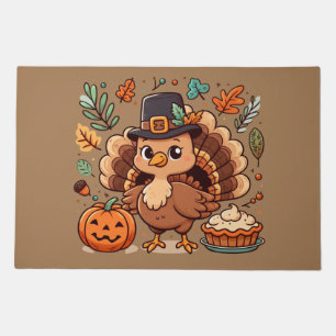 Cute Cartoon Thanksgiving turkey and pumpkin Doormat