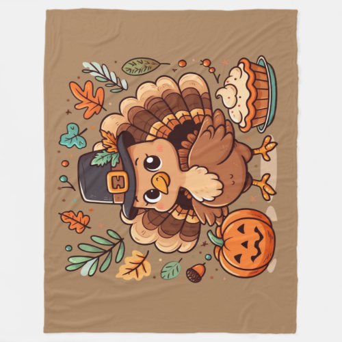 Cute Cartoon Thanksgiving turkey and pumpkin Fleece Blanket