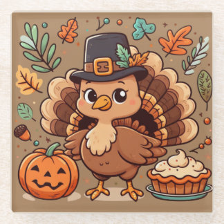 Cute Cartoon Thanksgiving turkey and pumpkin Glass Coaster