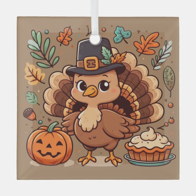 Cute Cartoon Thanksgiving turkey and pumpkin Glass Ornament (Front)