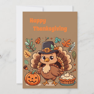 Cute Cartoon Thanksgiving turkey and pumpkin Holiday Card