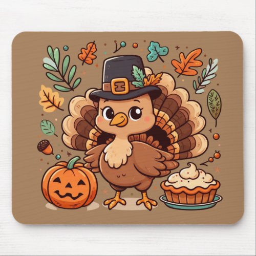 Cute Cartoon Thanksgiving turkey and pumpkin Mouse Pad