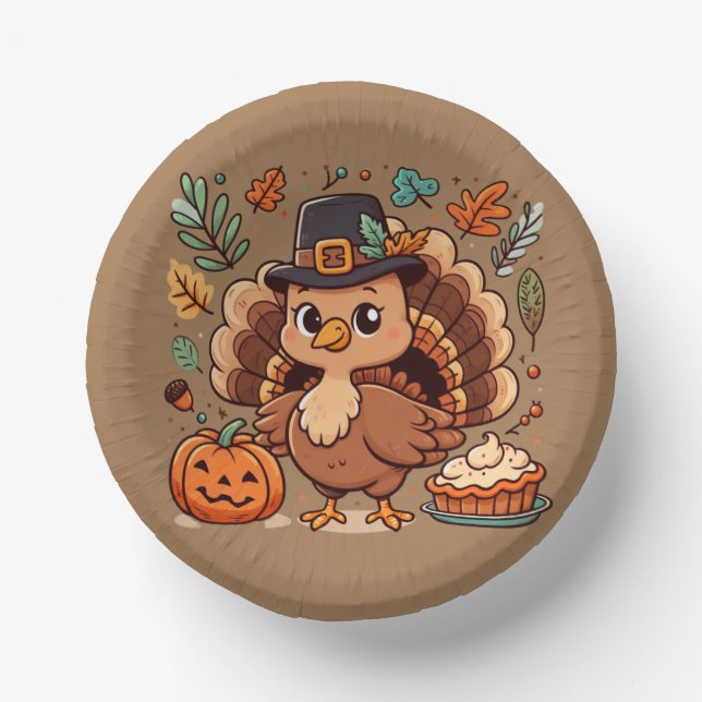 Cute Cartoon Thanksgiving turkey and pumpkin Paper Bowls (Front)