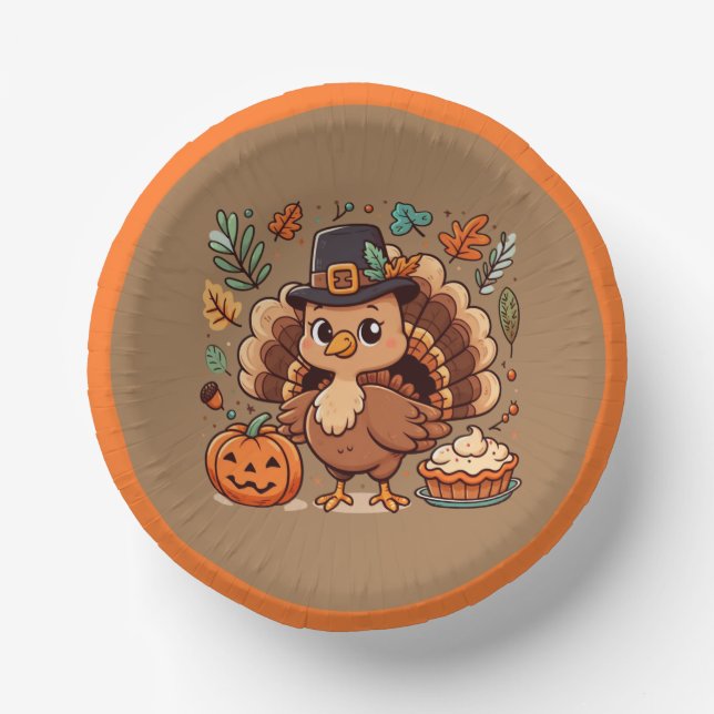 Cute Cartoon Thanksgiving turkey and pumpkin Paper Bowls (Front)