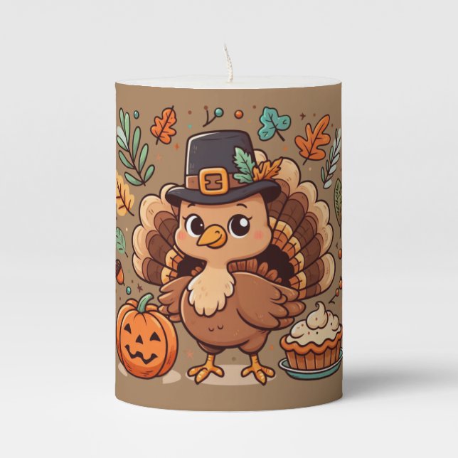 Cute Cartoon Thanksgiving turkey and pumpkin Pillar Candle (Front)